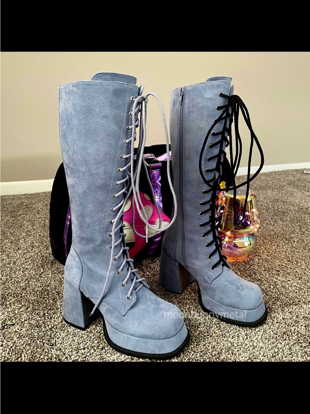 NEW Sample Dolls Kill Delias Knee High Platform Heels Chunky Boots Campus 7